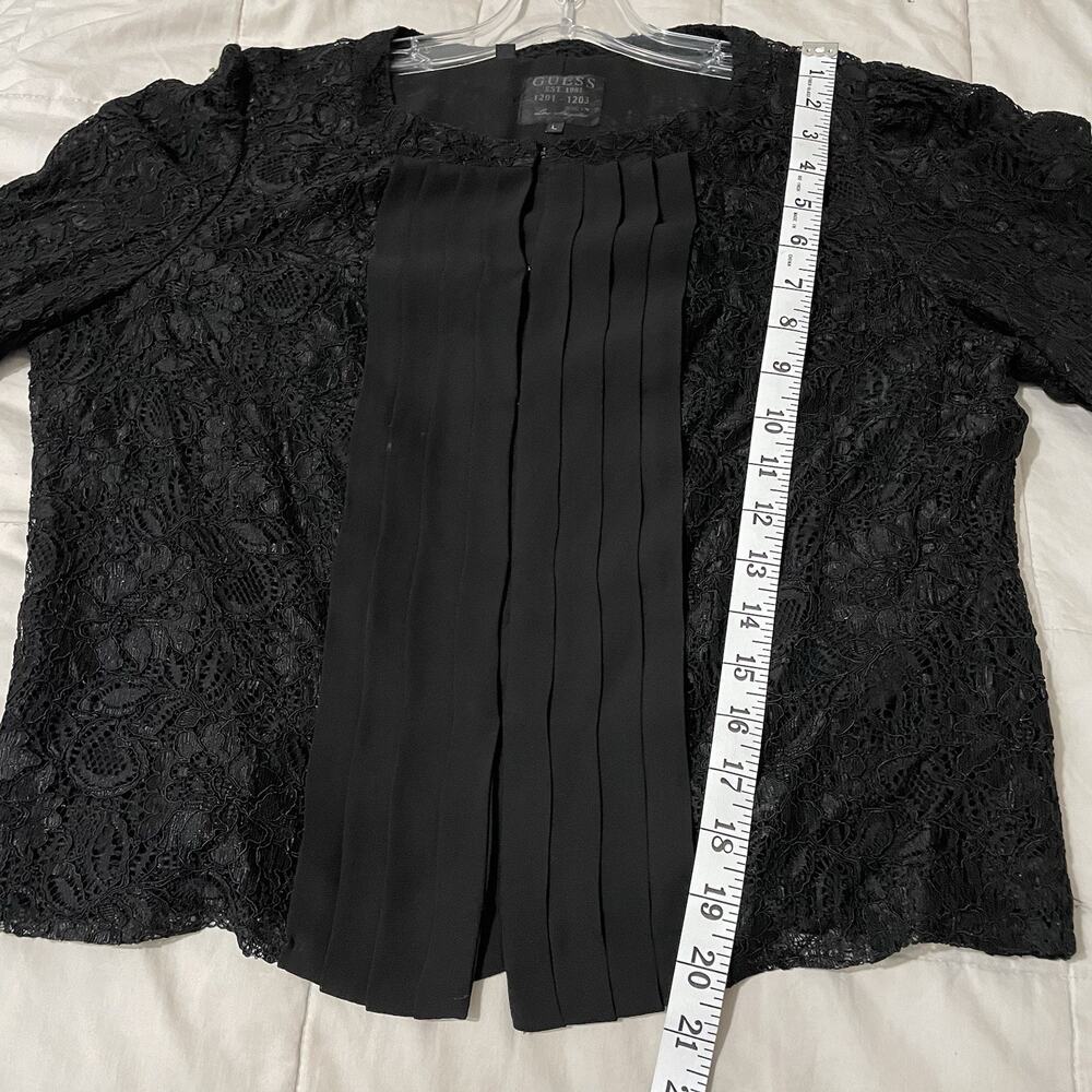 GUESS Lace Tuxedo Blouse Size Large Women Black Shirt Long Sleeve Holiday Luxury - Picture 4 of 7
